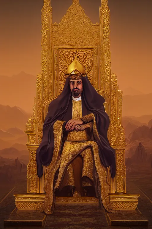 Image similar to portrait, Sultan of arabia on his golden throne, dynamic lighting, volumetric, bokeh, cinematic, establishing shot, extremly high detail, photo realistic, cinematic lighting, post processed, concept art, artstation, matte painting, style by eddie mendoza, raphael lacoste, alex ross