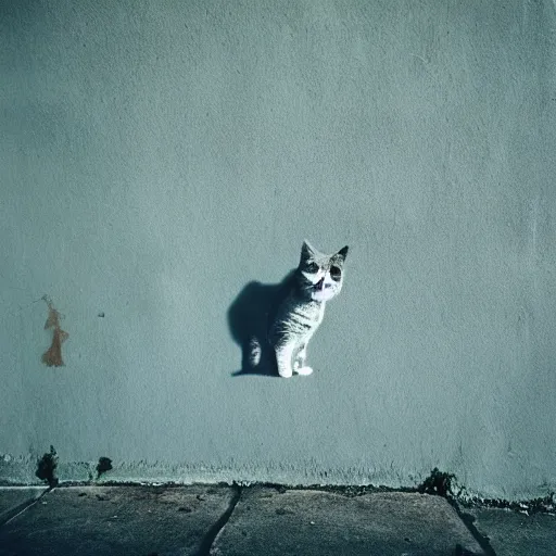 Image similar to medium of a sharp shadow!! of a cat!! only cat shadow at the wall in the street, colours, polaroid photo