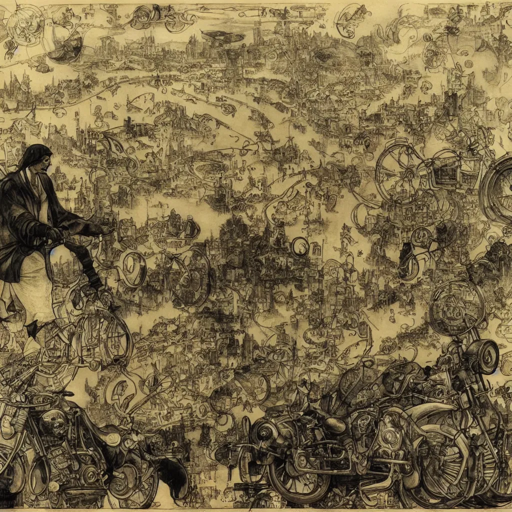 Image similar to a city in the clouds, foggy, one highway leaving the city curving towards viewer with one motorcycle with headlight on man riding motorcycle wearing leather jacket and black helmet, highly detailed, by james jean and hieronymus bosch and alphonse mucha