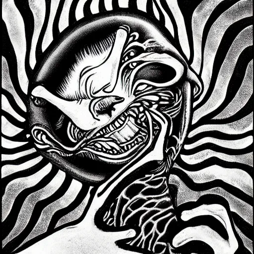 Image similar to black and white illustration creative design, cat, junji ito, body horror