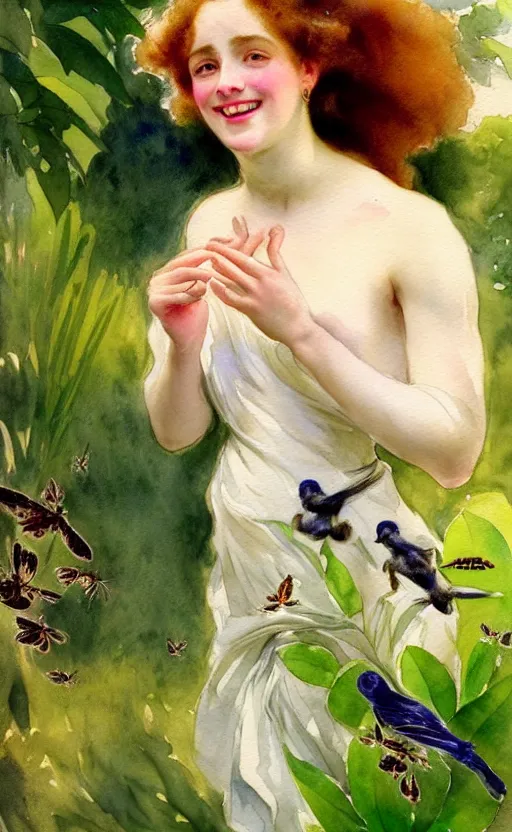 Prompt: the face of a young woman with marble complexion, angelic features, dancing curls around her face, her head raised in rapture, laughing, symmetrical eyes, watercolor by john singer sargent, background lush vegetation, insects and birds, 8 k uhd