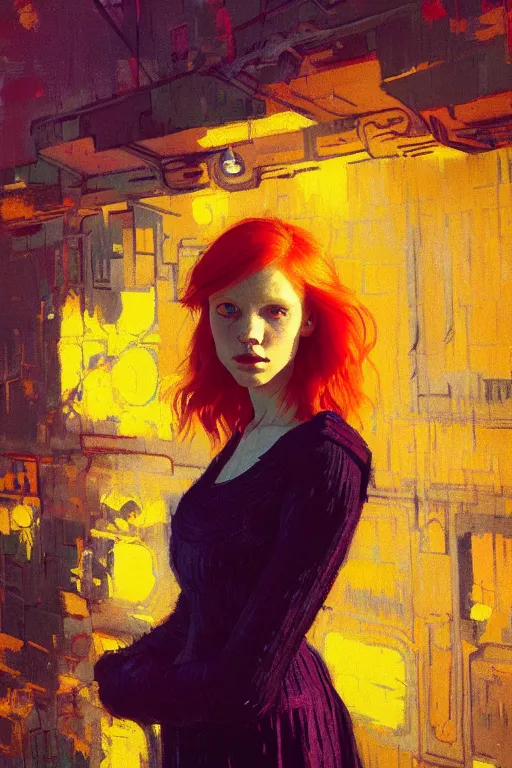 Image similar to portrait of a beautiful redhead girl, complementary colors, beautiful face, rule of thirds, intricate outfit, spotlight, by greg rutkowski, by jeremy mann, by francoise nielly, by van gogh, digital painting