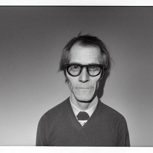 Prompt: 1970s of Mugshot Portrait of a middle aged old Willem Dafoe with glasses and no beard, with very short hair and a receding hairline, dressed in 1970s menswear, taken in the 1970s, photo taken on a 1970s polaroid camera, grainy, real life, hyperrealistic, ultra realistic, realistic, highly detailed, epic, HD quality, 8k resolution, body and headshot, film still, front facing, front view, headshot and bodyshot, detailed face, very detailed face
