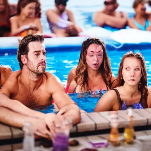 Image similar to everyone is sad on a pool party, very detailed faces