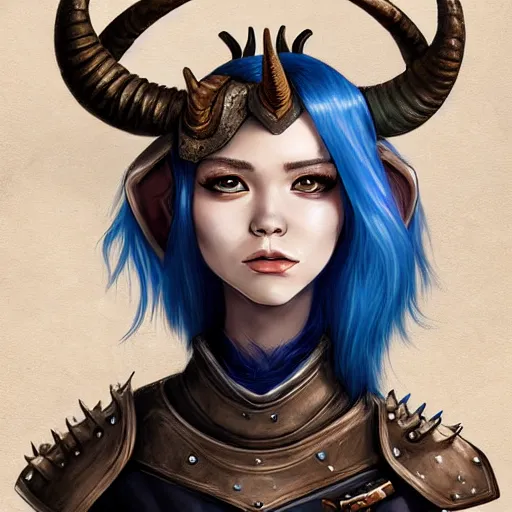 Image similar to illustrated realistic portrait female prong-horned kobold with blue bob hair and solid dark eyes wearing strap leather armor by rossdraws