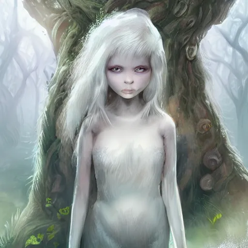 Prompt: a highly detailed portrait of a adorable fantasy creature with white hair in a fantasy forest concept art