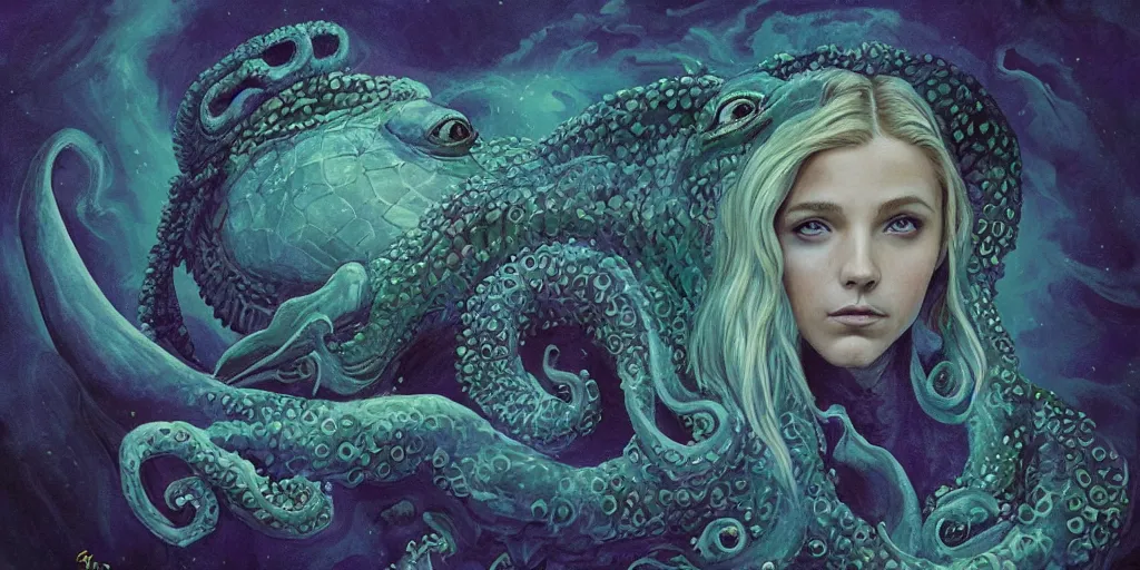 Image similar to Fantasy fairytale style portrait painting, Great Leviathan Turtle, cephalopod, Cthulhu Squid, hybrid, Mythic Island, center Universe, accompany Cory Chase, Blake Lively, Anya_Taylor-Joy, Grace Moretz, Halle Berry, Mystical Valkyrie, Anubis-Reptilian, Atlantean Warrior, hybrid, intense fantasy atmospheric lighting, hyperrealistic, William-Adolphe Bouguereau, François Boucher, Jessica Rossier, Michael Cheval, Oil Painting, Cozy, hot springs hidden Cave, candlelight, natural light, lush plants and flowers, Spectacular Mountains, bright clouds, luminous stellar sky, outer worlds, michael whelan, Solar Flare HD,