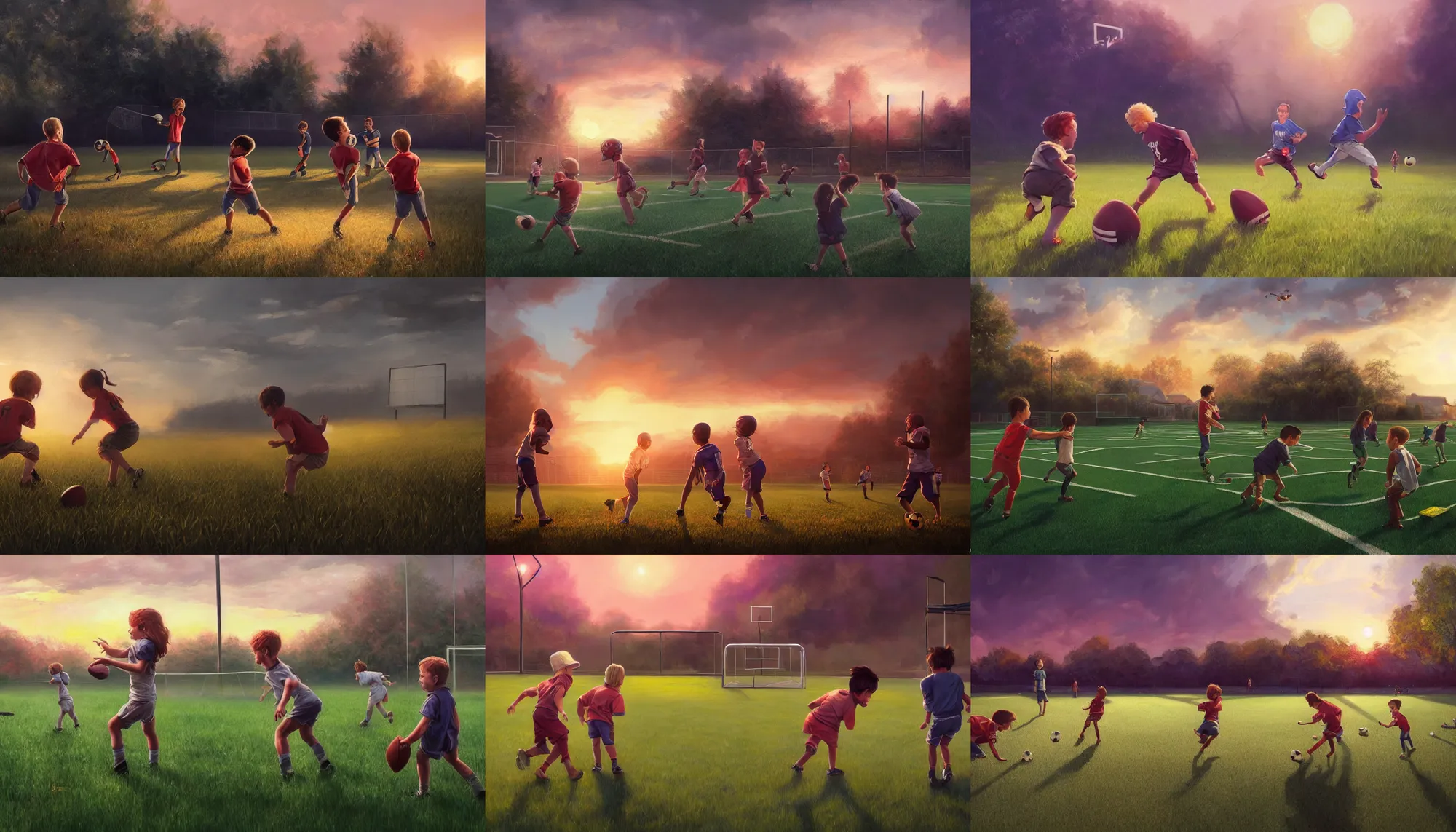 Image similar to beautiful painting of backyard football field with a pair of playing children during sunset, wide shot, digital painting, intricate details, trending on artstation, concept art, octane render, realistic, highly detailed, smooth, sharp focus, beautiful, 4 k, 8 k, hd, art by charlie bowater and artgerm and greg rutkowski