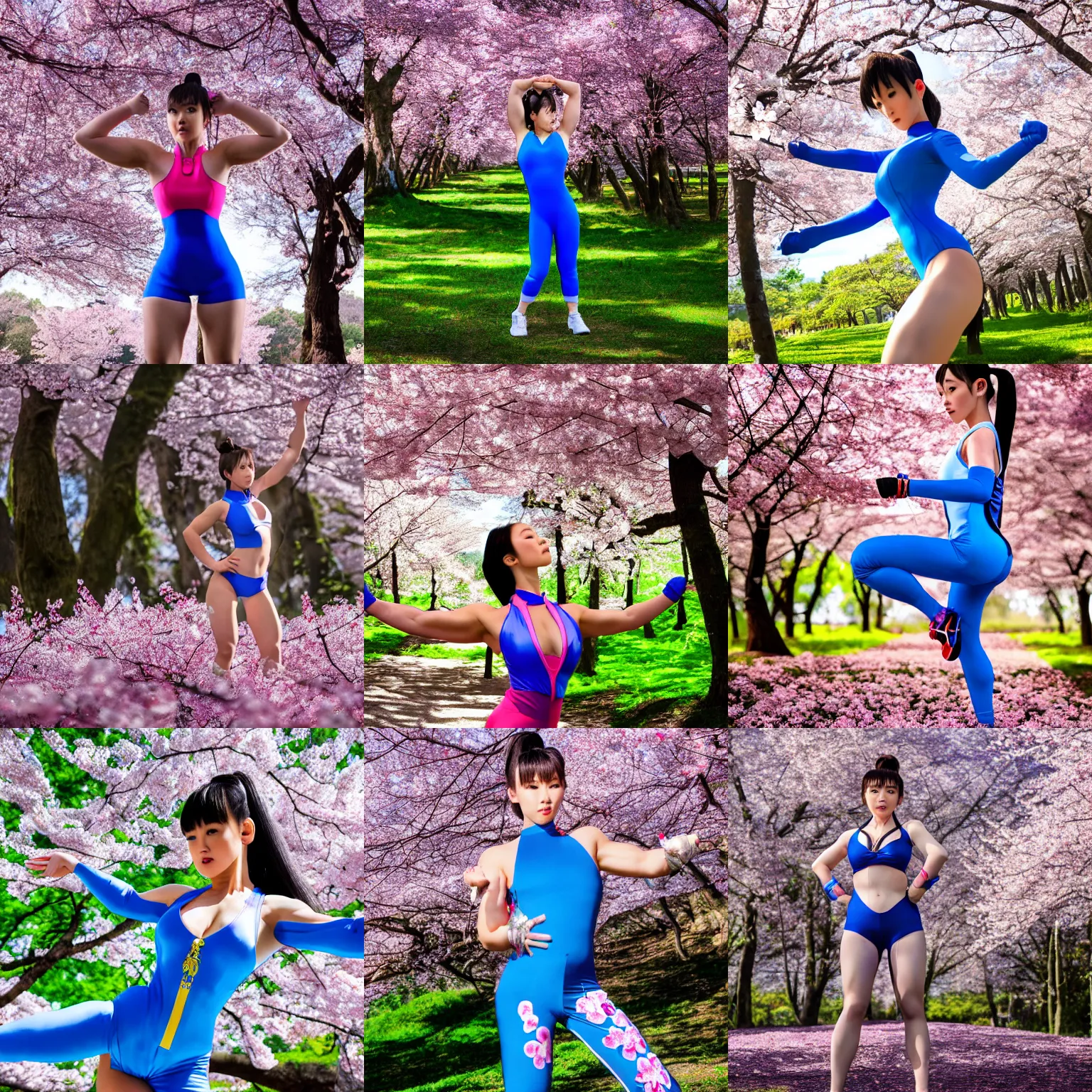 Prompt: chun li working out in a cherry blossom forest, wearing blue bodysuit, highly detailed, full body shot, realsitic, 8 k hdr photography
