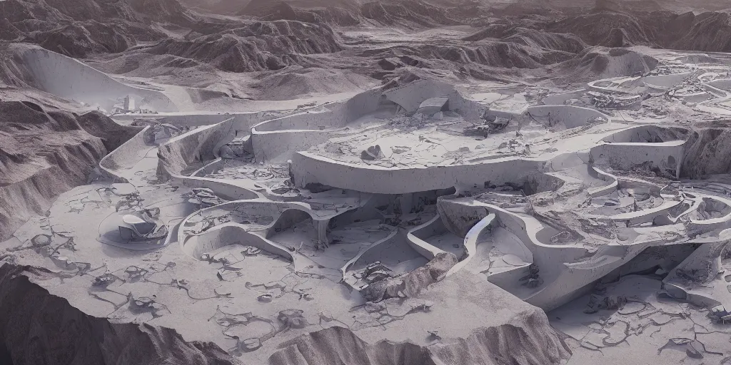 Prompt: perspective view render of a bioremediation white architecture in the mining tailing in the desert, smooth, rossdraws, norman rockwell, emiliano ponzi, epic composition, hd, octane, unreal engine, volumetric lighting, light rays, masterpiece, award - winning