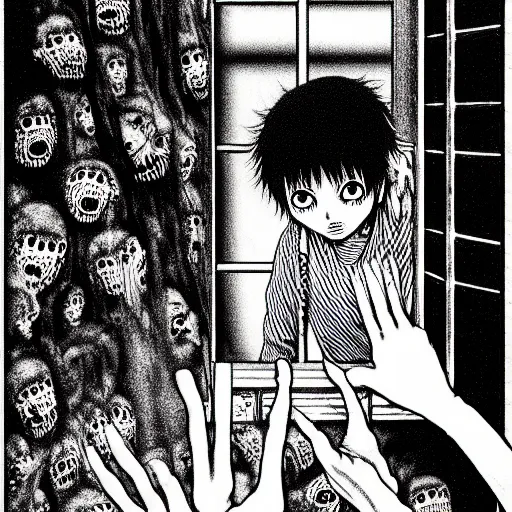Prompt: horror manga panel of absolute horror abomination by junji ito and kentaro miura that is peaking through the window, black and white, highly detailed on small details,