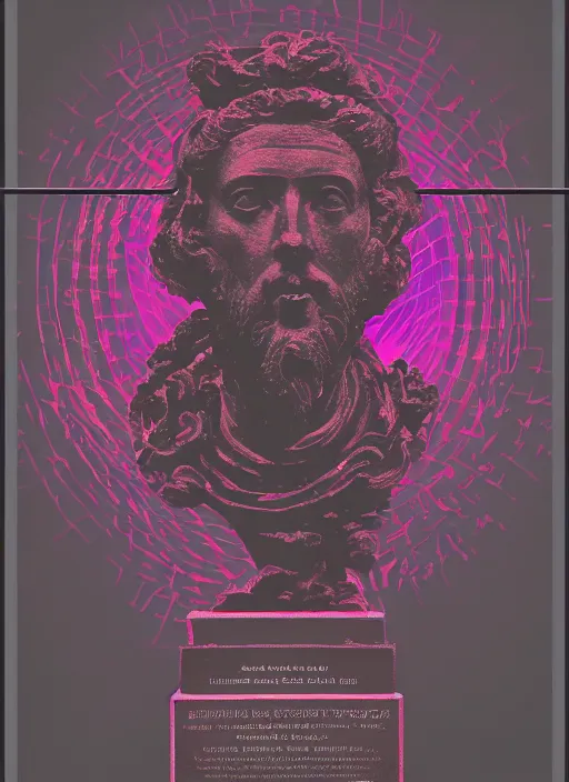 Prompt: design poster showing a statue of marcus aurelius, black background with very subtle red and purple design elements, powerful, nekro, vito acconci, graphic design, collage art, thin lines, dark, glitch art, neo vaporwave, gritty, layout frame, square, trending on artstation