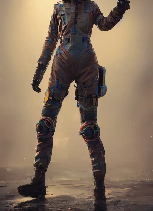 Image similar to detailed full body concept art illustration colorful oil painting of a female pilot in full intricate clothing, ultra detailed, digital art, octane render, 4K, dystopian, micro details, hyperrealistic