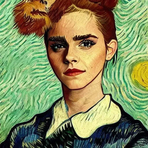 Prompt: emma watson with a dog on her head in the style of vincent van gogh
