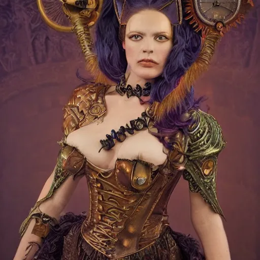 Image similar to curiosities carnival, soft paint of a single beautiful sorceress in a full steampunk armor, symmetry accurate features, focus, very intricate ultrafine details, award winning masterpiece