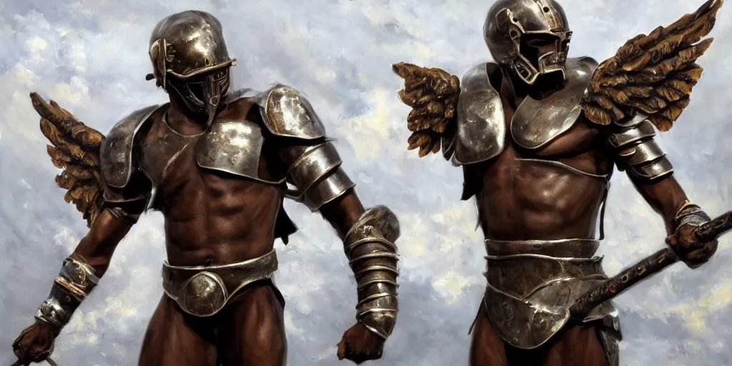 Prompt: one male african american spartan. With wings. In bronze armour. Alone. to the very right of the image, wasteland. oil painting. masterpiece.