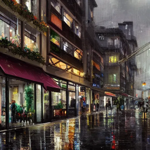 Prompt: view from the street level, shows a dense cityblock, ground floor shops, residential apartments, rooftop garden. rainy atmosphere. sharp focus, smooth, hd, detailed, decayed, digital painting trending on art station, wlop