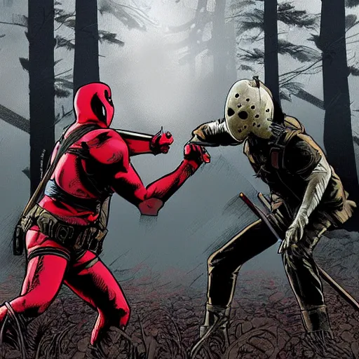 Image similar to jason voorhees fighting with deadpool in the woods digital art 4 k detailed super realistic