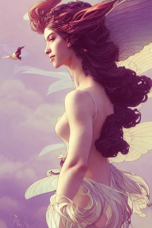 Image similar to 3 / 4 view of a portrait of woman with flowy hair, bird wings, confident pose, pixie, genshin impact, intricate, elegant, sharp focus, illustration, highly detailed, concept art, matte, trending on artstation, bright colors, art by wlop and artgerm and greg rutkowski, mucha, marvel comics