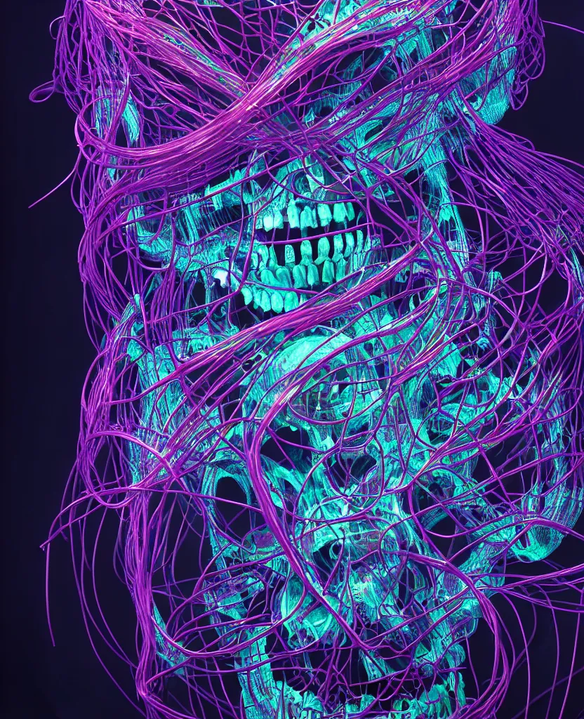 Image similar to close-up portrait of skull dichroic wires and cables jellyfish skull, betta fish, bioluminiscent creatures, intricate artwork by Tooth Wu and wlop and beeple. octane render, trending on artstation, greg rutkowski very coherent symmetrical artwork. cinematic, hyper realism, high detail, octane render, 8k