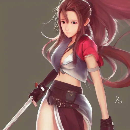 Image similar to alternate outfit of aerith ff7 by wlop, rossdraws, mingchen shen, bangkuart, sakimichan, yan gisuka, jeongseok lee, artstation, 4k