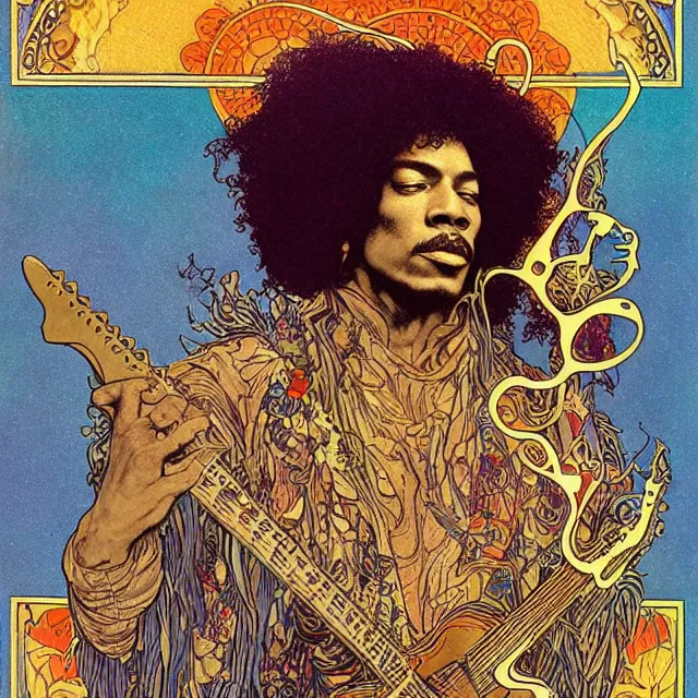 Prompt: vintage record cover by Franklin Booth and Edmund Dulac showing a portrait of Jimi Hendrix as a futuristic space shaman, Alphonse Mucha background, futuristic electric guitar, star map, smoke, platonic solids