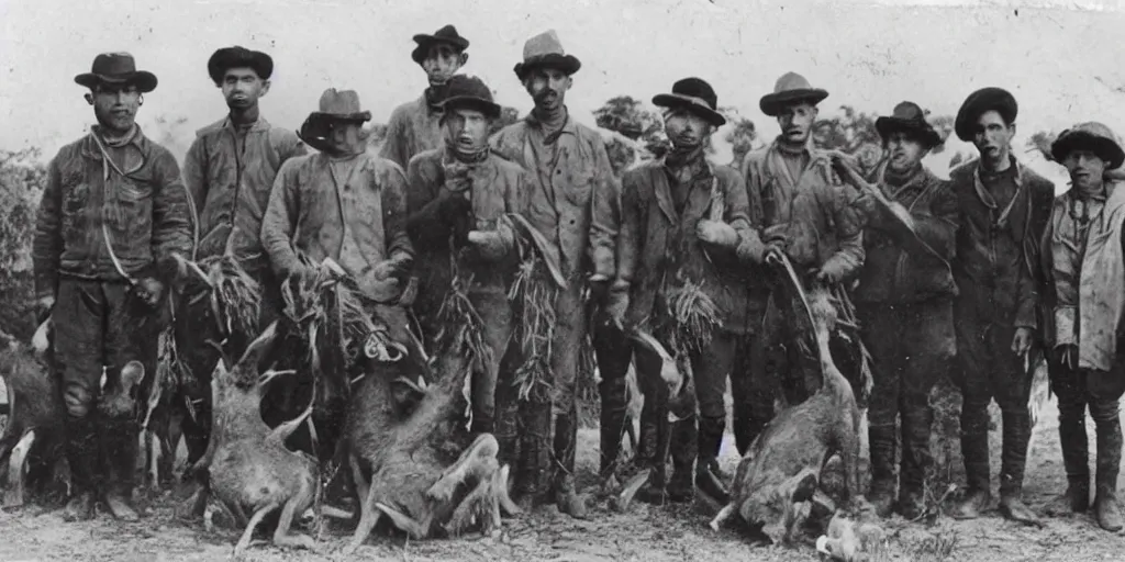 Prompt: a rare photo from 1 9 2 0 of a group of hunters who captured a chupacabras.