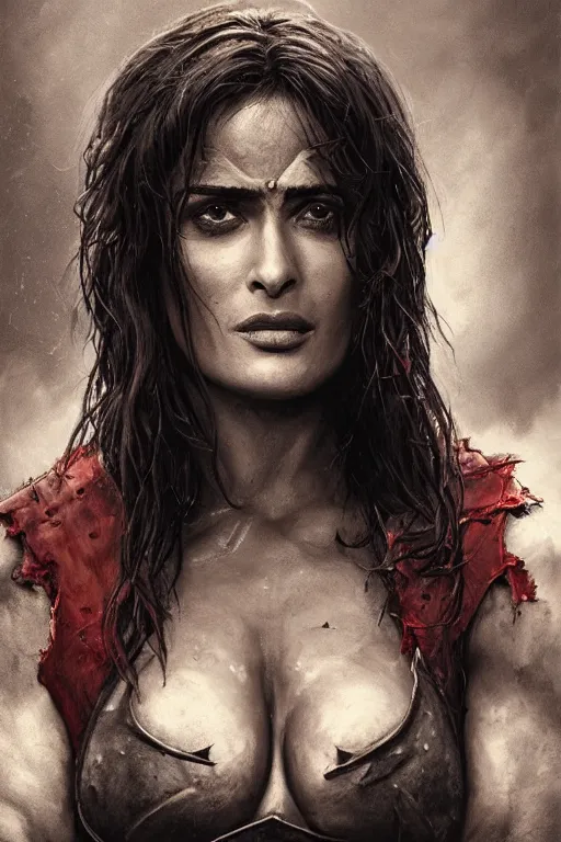 Prompt: portrait, Salma Hayek , muscled barbarian , dressed in tattered red leather , face portrait, raphael lacoste, eddie mendoza, alex ross, concept art, matte painting, highly detailed, rule of thirds, dynamic lighting, cinematic, detailed, denoised, centred