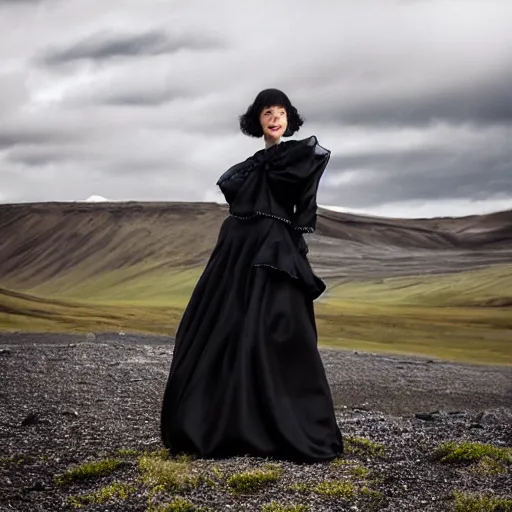 Prompt: ultra closeup portrait, comme des garcon black silk gown, iceland background, by lurie belegurschi and gunnar freyr