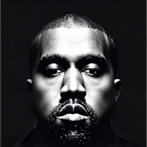 Image similar to a chiaroscuro lighting portrait of kanye west dressed as rick owens, black background, portrait by julia margaret cameron, shallow depth of field, 8 0 mm, f 1. 8