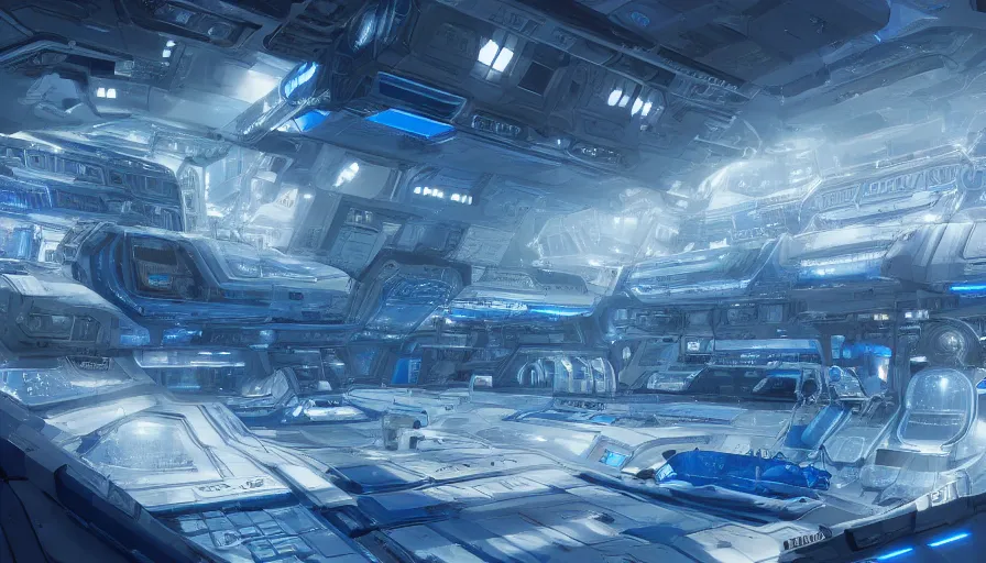 Prompt: Interior of a huge and bright blue and silver space base, hyperdetailed, artstation, cgsociety, 8k