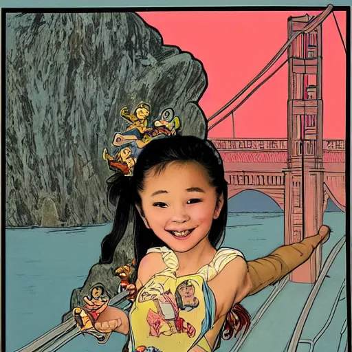 Image similar to a chinese caucasian mixed race hapa five - year - old girl, dressed as a ballerina, balancing on the golden gate bridge, smiling into the camera, portrait, wide shot, sunset illustration, pop art, splash painting, art by geof darrow, ashley wood, alphonse mucha