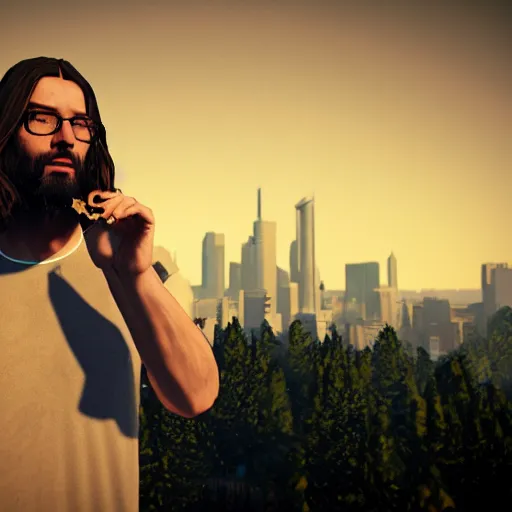 Prompt: hipster jesus christ smoking a joint, gta artstyle, wide shot, dramatic lighting, octane render, hyperrealistic, high quality, HD, cinematic