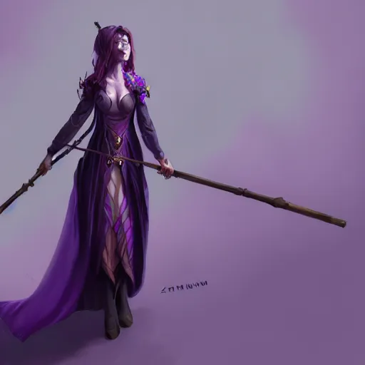 Image similar to a woman in a purple dress holding a staff, concept art by an zhengwen, artstation contest winner, fantasy art, dark and mysterious, artstation hd, concept art