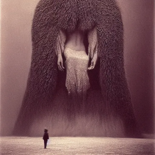 Prompt: vintage photography of A long 100 armed faceless beast-god, a huge body covered with deep furs by Zdzisław Beksiński, dark fantasy, detaling,