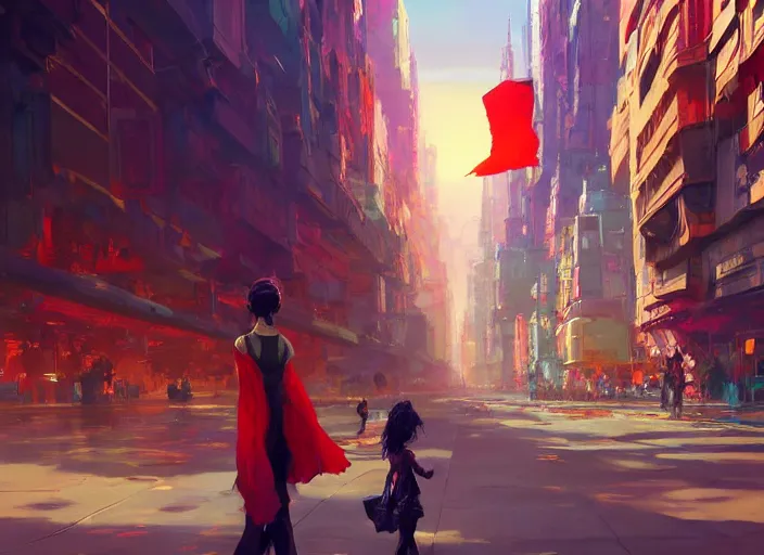 Image similar to gorgeous bright girl holding a red flag over her head enthusiastically walking through Mandelbrot fractal futuristic bustling city by Craig Mullins, ilya kuvshinov, krenz cushart, artgerm trending on artstation by Edward Hopper and Dan Mumford and WLOP and Rutkovsky, Unreal Engine 5, Lumen, Nanite