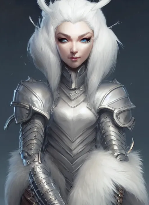 Image similar to fur - lined armor!!! beautiful and elegant white haired female!! gorgeous ayes!! character concept art, sharp focus, octane render! unreal engine 5! highly rendered!! trending on artstation!! detailed linework!! illustration by artgerm and peter mohrbacher