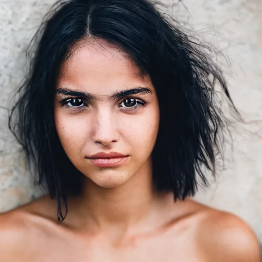 Image similar to young woman with shoulder - length messy black hair, slightly smiling, 1 3 5 mm nikon portrait