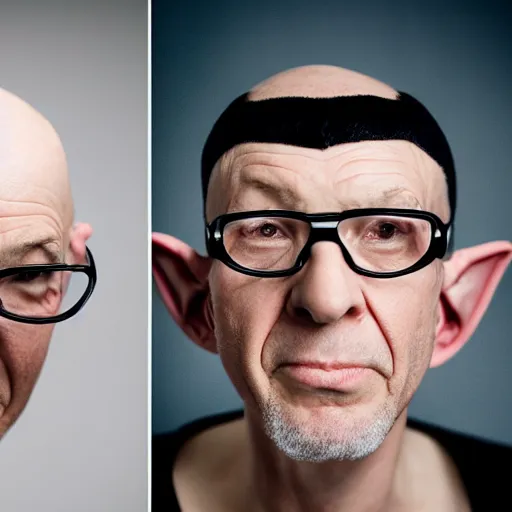 Prompt: a portrait photograph of a bald man wearing circular glasses, with very very very very long ears, elf ears, spock ears, incredibly long ears, guiness world record longest ears. 8 5 mm f / 1. 2 studio lighting portrait