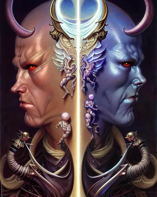 Image similar to beautiful gemini good and evil fantasy character portrait, ultra realistic, wide angle, intricate details, the fifth element artifacts, highly detailed by peter mohrbacher, hajime sorayama, wayne barlowe, boris vallejo, aaron horkey, gaston bussiere, craig mullins