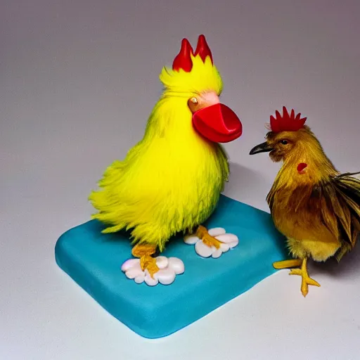 Prompt: a scruffy old rooster watches a small fluffy yellow baby Chick standing near a miniature birthday cake
