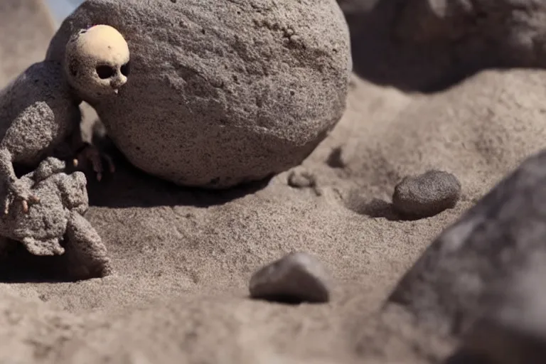 Image similar to vfx movie scene closeup adorable tiny little baby alien creature in moon desert eating a rock. by emmanuel lubezki