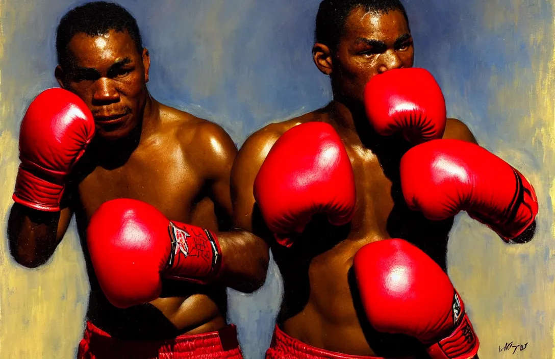 Image similar to an african american boxer with red boxing gloves!!!!!!!!!!!!!!!!!!!!!!!!!!!, detailed face, detailed painting, epic lighting, by ilya repin, phil hale and kent williams