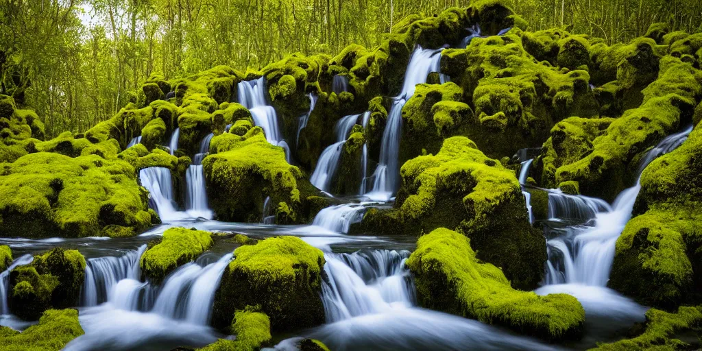 Prompt: photo of a landscape with lush forest, wallpaper, very very wide shot, iceland, new zeeland, green flush moss, national geographic, award landscape photography, professional landscape photography, waterfall, stream of water, big sharp rock, ancient forest, primordial, sunny, day time, beautiful