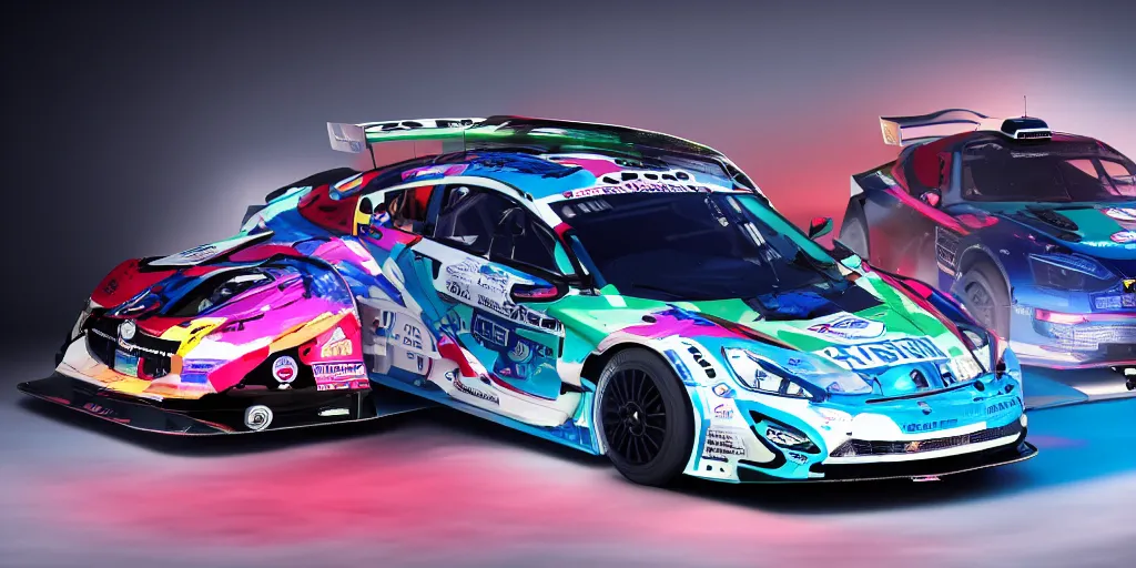 Image similar to sport rally car by sebastian luca and pablo carpio and edgaras cernikas and wang ke and damon greenhalgh, in wide view shot. blank background with some dreamy color lights.