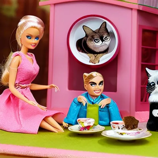 Prompt: grumpy cat with barbie and ken having a tea party together in a playhouse