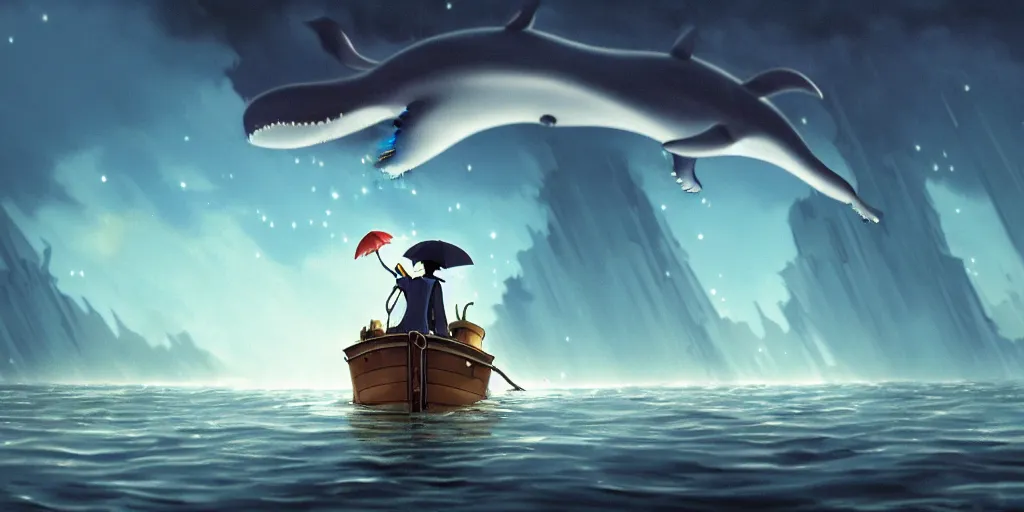 Image similar to a realistic and atmospheric cell - shaded concept art from howl's moving castle ( 2 0 0 4 ) of a multi - colored whale jumping into the air. a man with an umbrella is standing in a boat in a flooded city. it is a misty starry night. very dull muted colors, hd, 4 k, hq