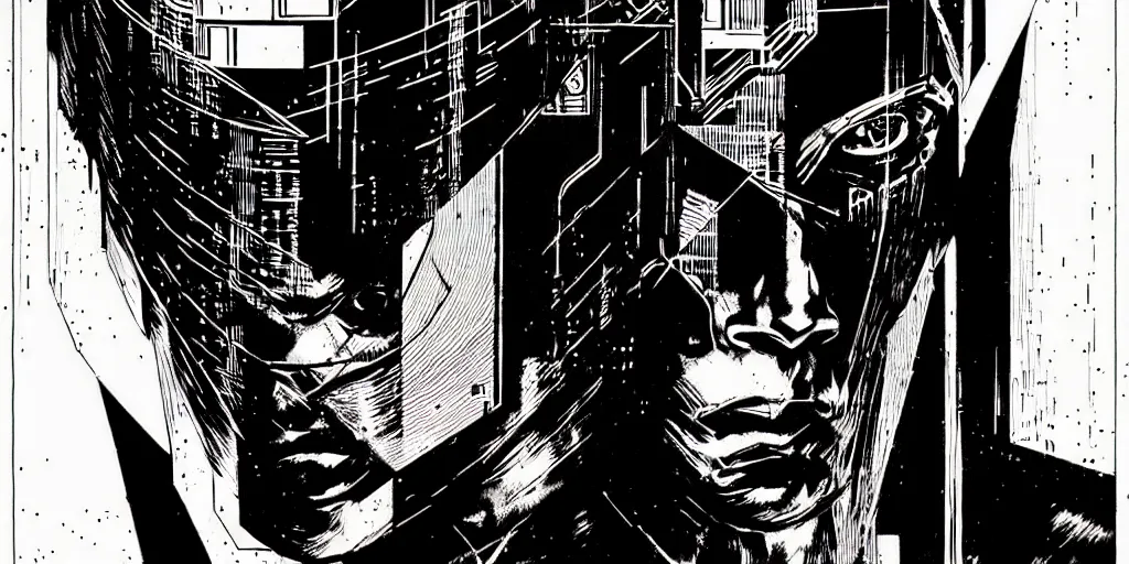 Image similar to cyberpunk portrait, bold line art, by vincent di fate and bernie wrightson, inking, etching, screen print, sharp, high contrast, hyper - detailed