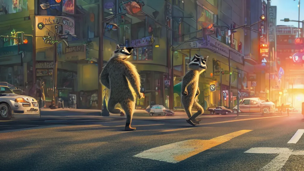 Prompt: An anthropomorphic raccoon businessman is walking down a busy crosswalk at sunset, warm lighting with an orange glow blanketing the cityscape, zootopia, other anthropomorphic characters are walking by him, extremely detailed, HDR, sideview, dramatic