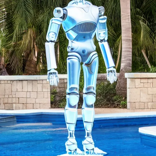 Image similar to made of ice, a realistic detailed photo of a guy who is an attractive humanoid who is half robot and half humanoid, who is a male android, on display, blank stare, showing off his muscles, shiny skin, posing like a statue, by the pool, frozen ice statue, twitch streamer / gamer ludwig, humanoid robot